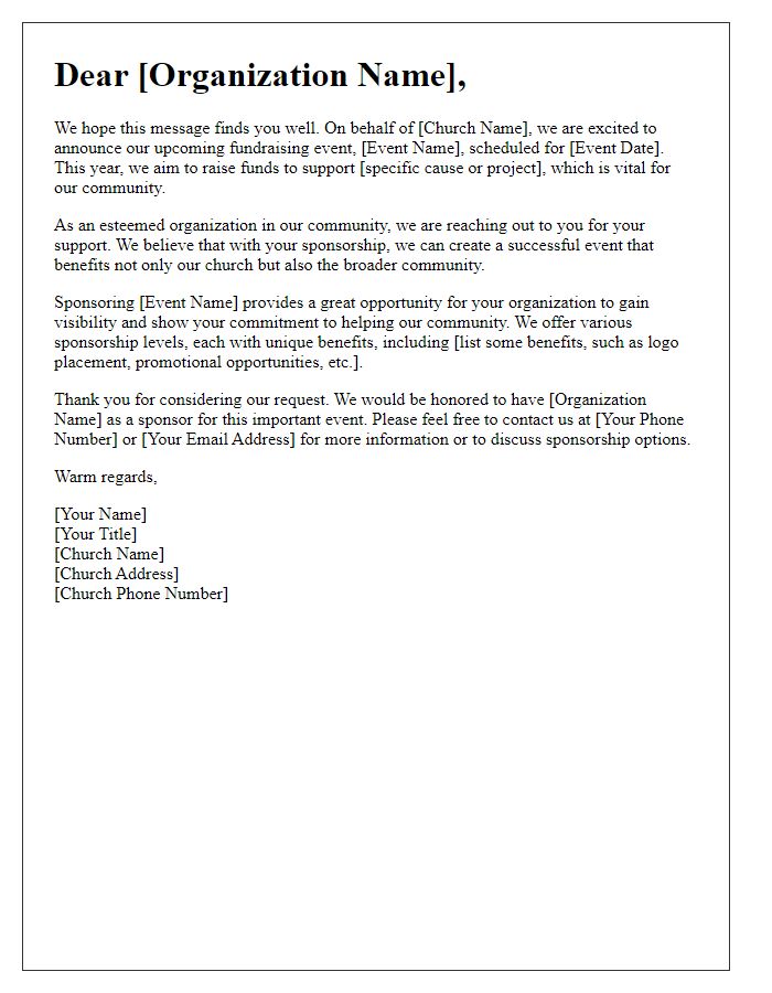 Letter template of church fundraiser sponsorship appeal to community organizations.