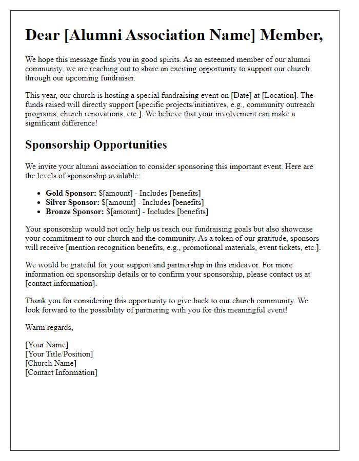 Letter template of church fundraiser sponsorship engagement for alumni associations.