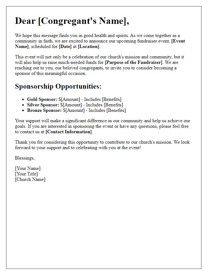 Letter template of church fundraiser sponsorship invitation to congregants.