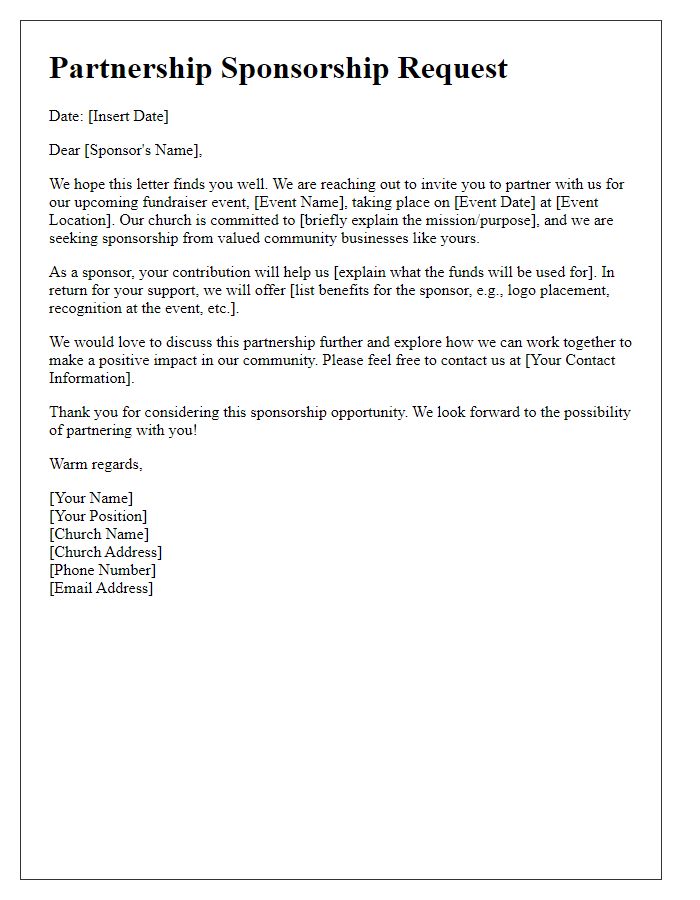 Letter template of church fundraiser sponsorship partnership for events.