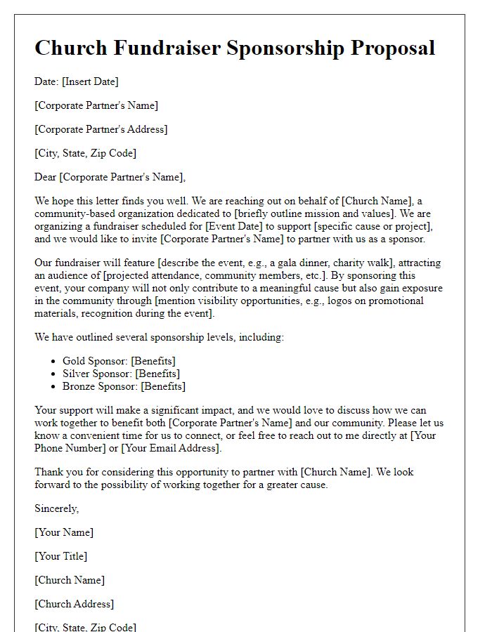 Letter template of church fundraiser sponsorship proposal for corporate partners.