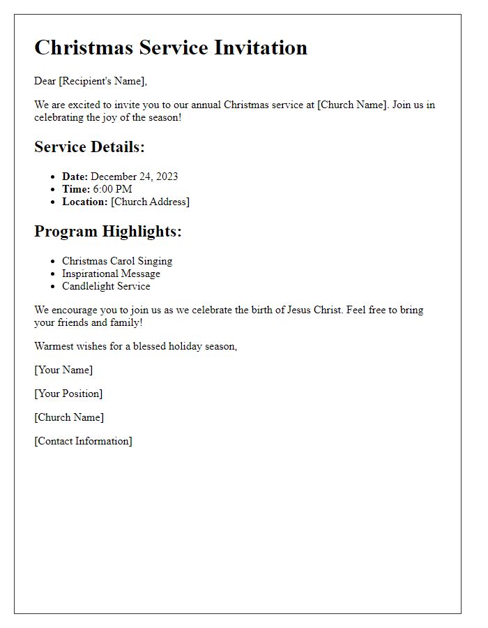 Letter template of church Christmas service information