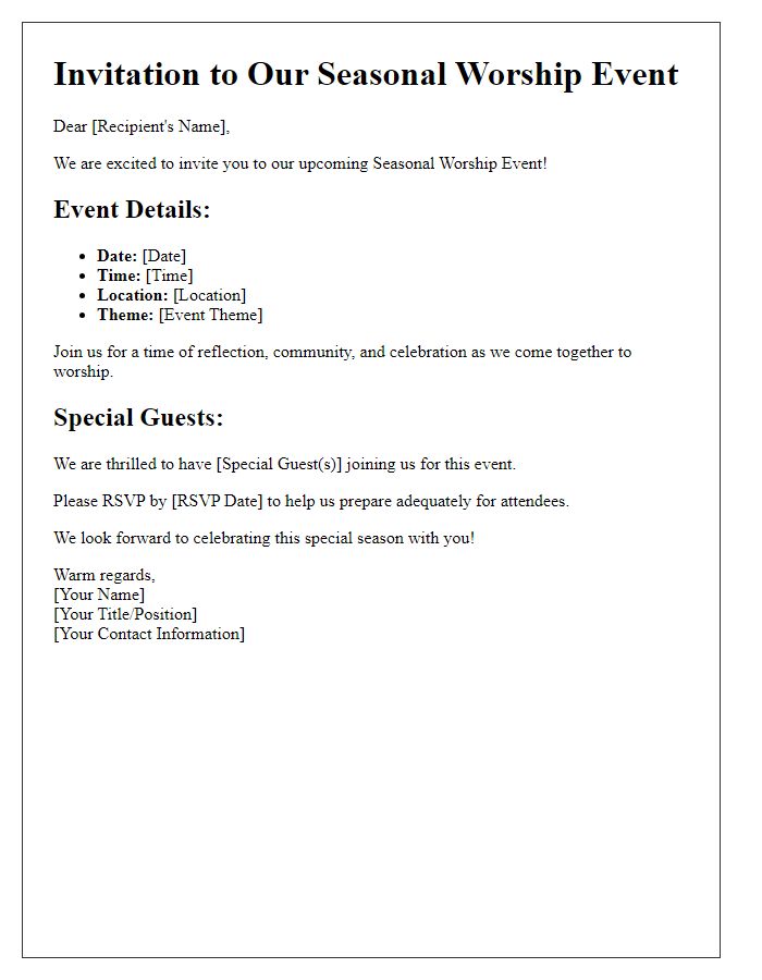 Letter template of seasonal worship event details