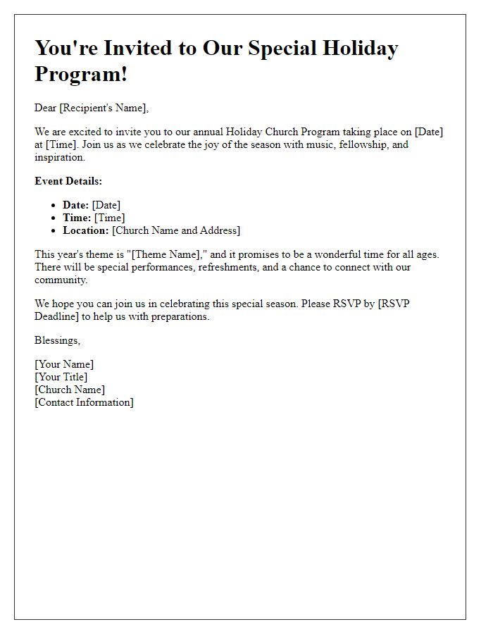 Letter template of special church program for the holidays