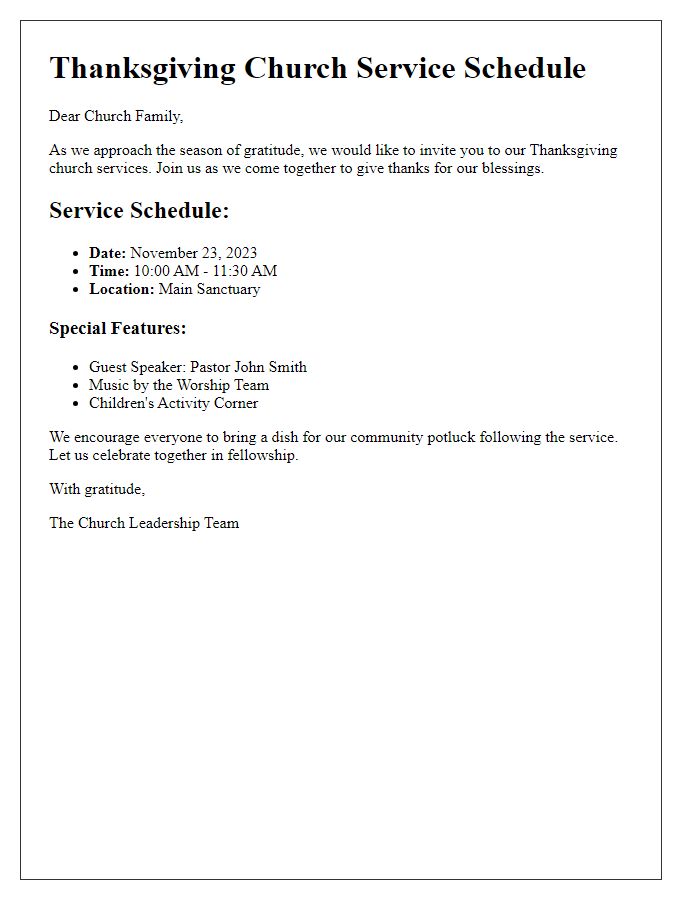 Letter template of Thanksgiving church service schedule