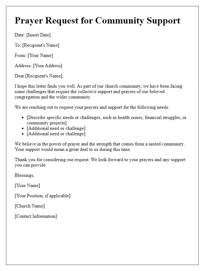 Letter template of church prayer request for community support.