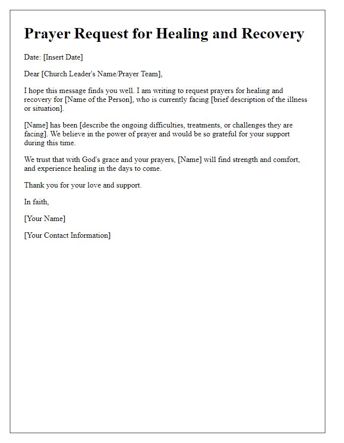 Letter template of church prayer request for healing and recovery.