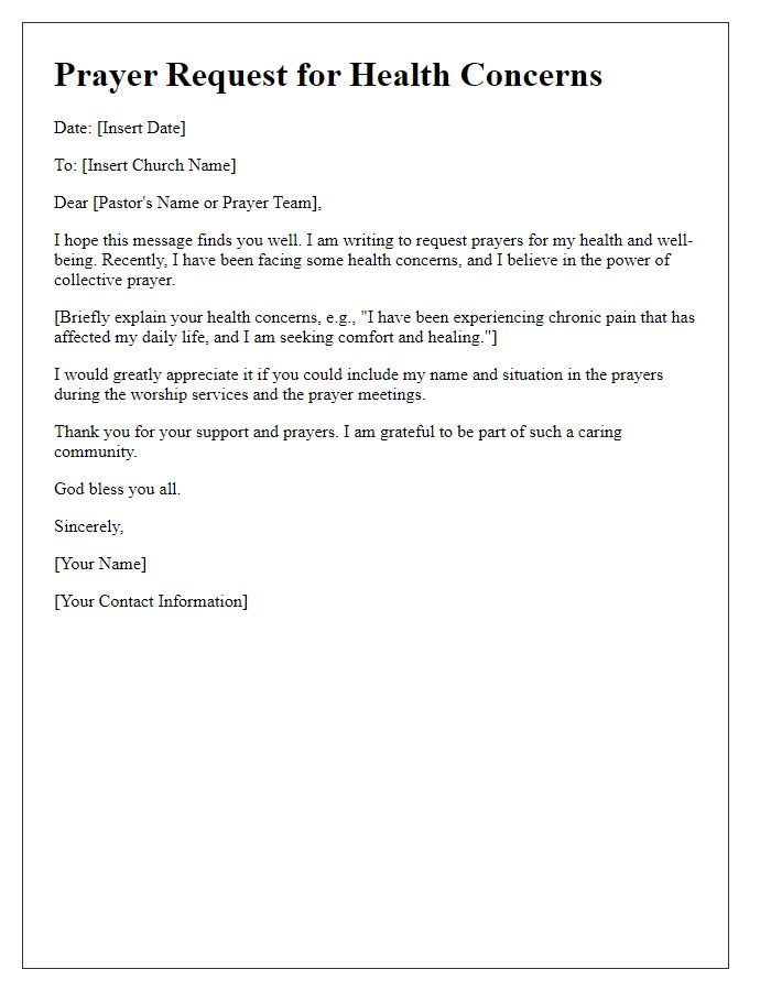 Letter template of church prayer request for health concerns.