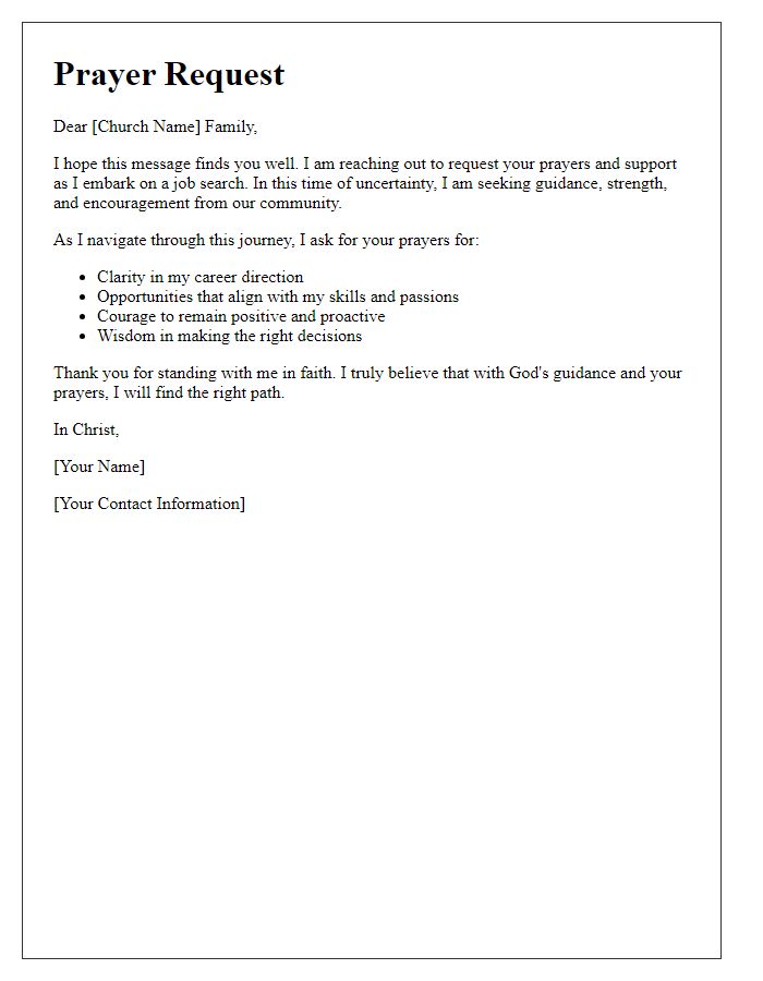 Letter template of church prayer request for job search encouragement.