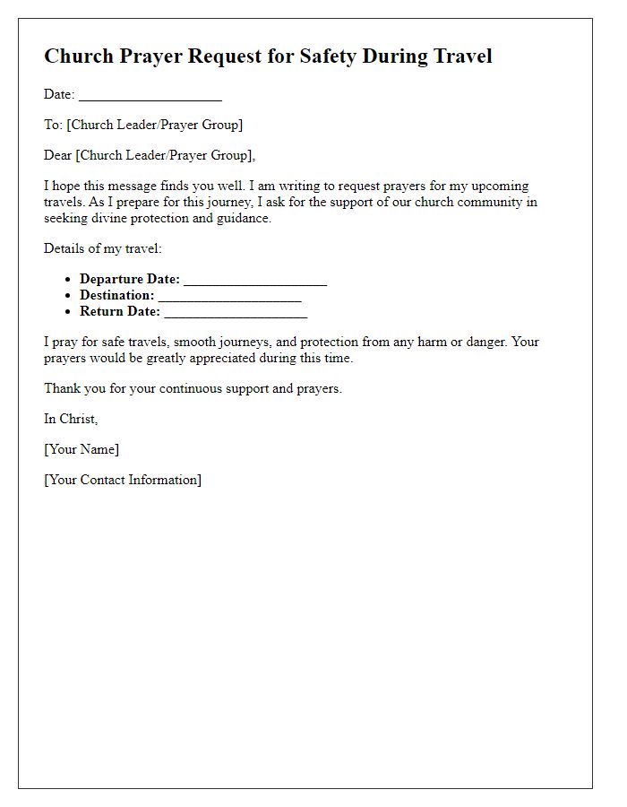 Letter template of church prayer request for safety during travel.