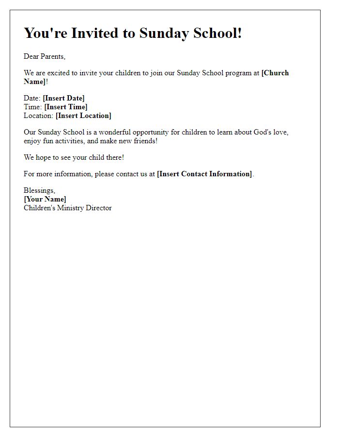 Letter template of Sunday School Invitation for Childrens Ministry