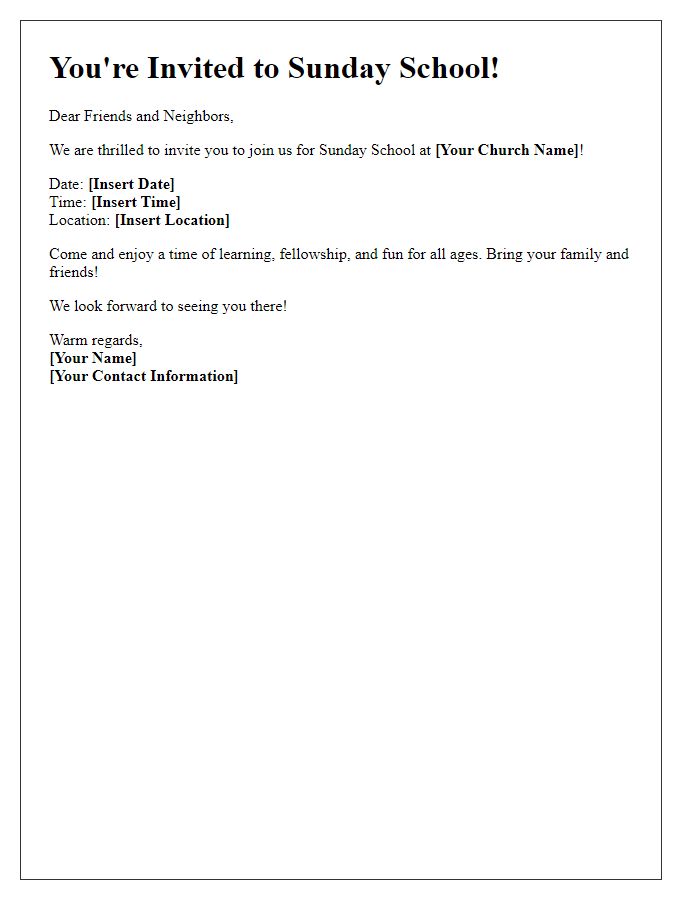 Letter template of Sunday School Invitation for Friends and Neighbors