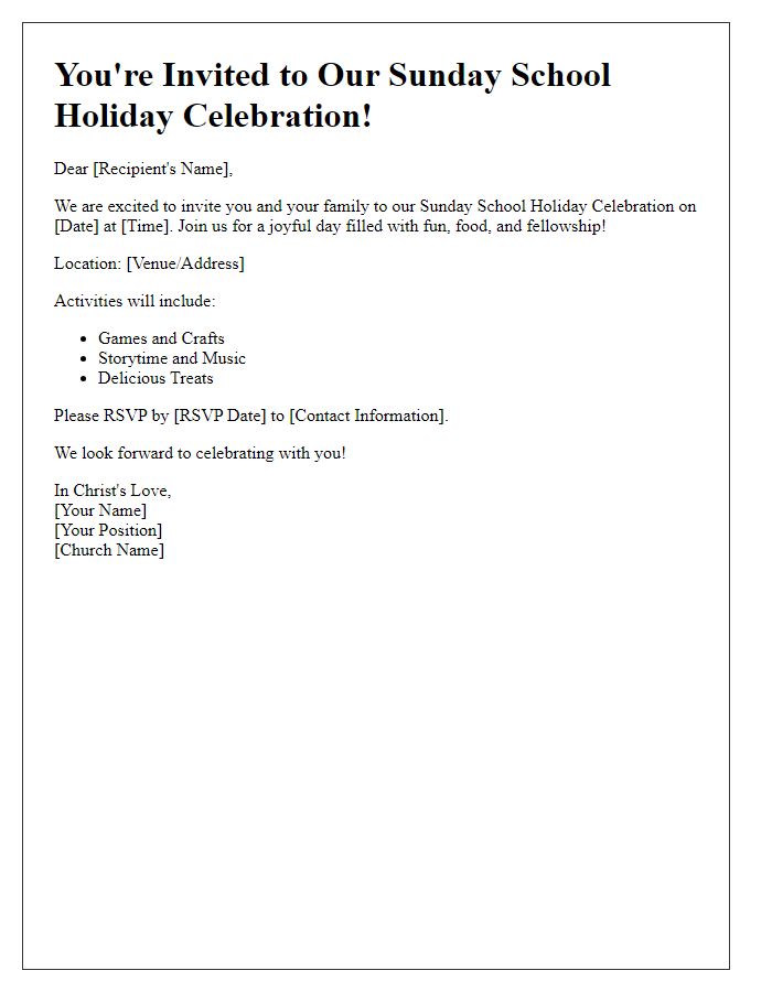 Letter template of Sunday School Invitation for Holiday Celebrations