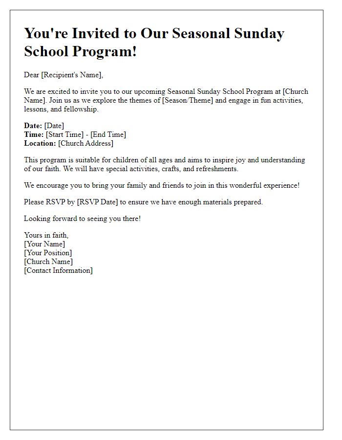 Letter template of Sunday School Invitation for Seasonal Programs