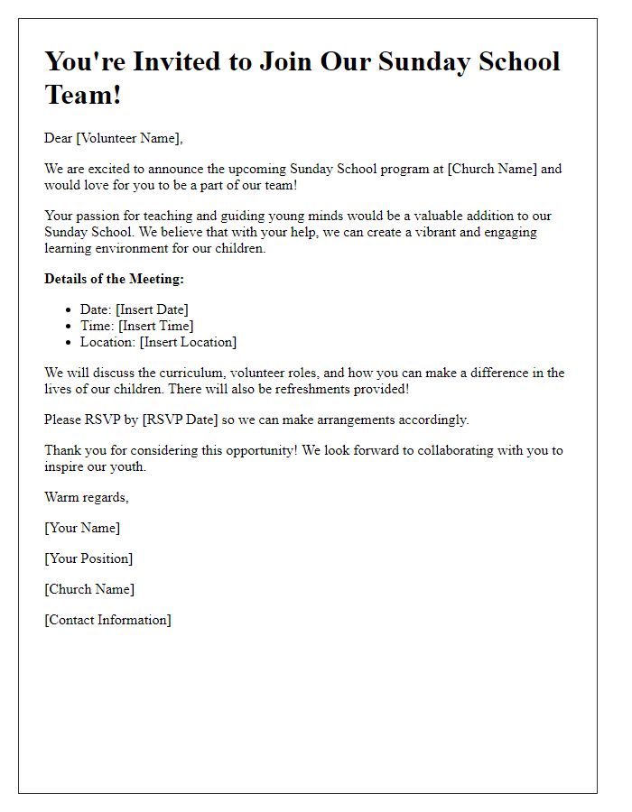 Letter template of Sunday School Invitation for Volunteers