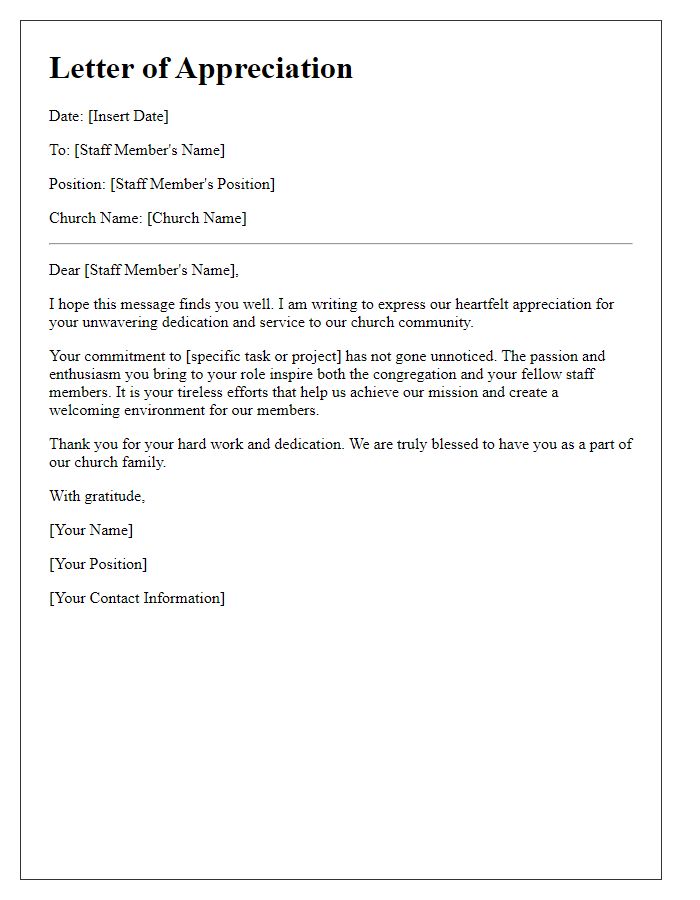 Letter template of appreciation for dedicated church staff members.