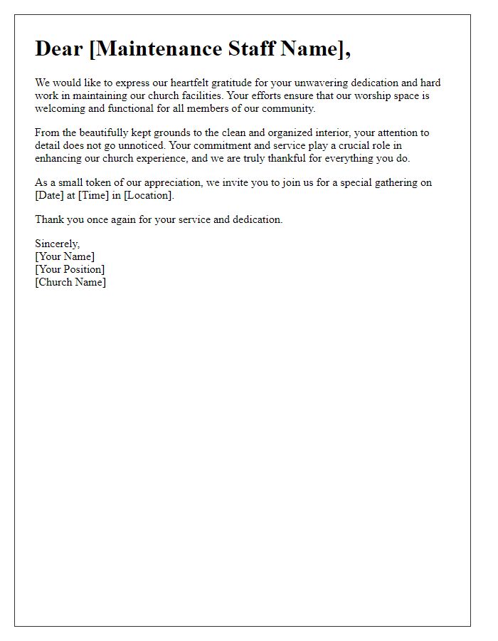 Letter template of thanks for church maintenance staff and their service.