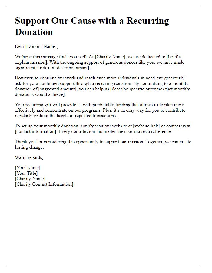 Letter template of recurring donation solicitation for charity