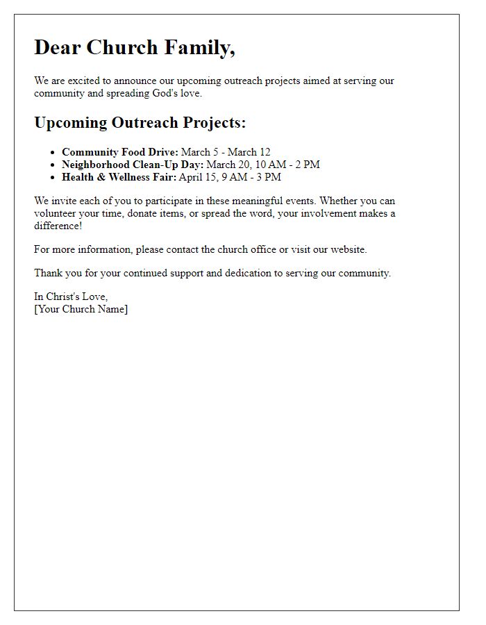 Letter template of announcement for upcoming outreach projects from the church