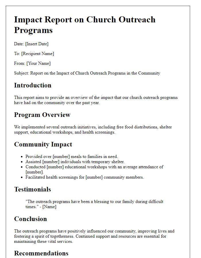 Letter template of report on the impact of church outreach programs in the community