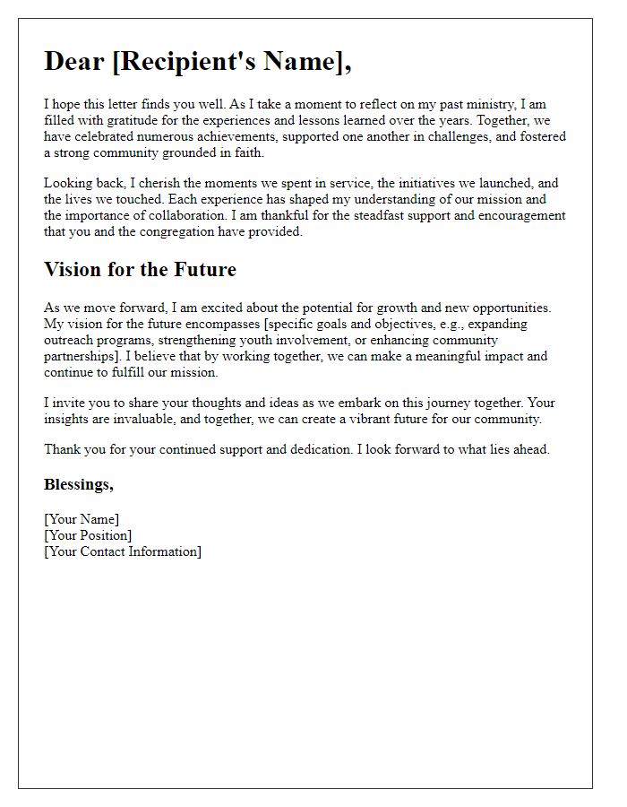 Letter template of reflection on past ministry and future vision