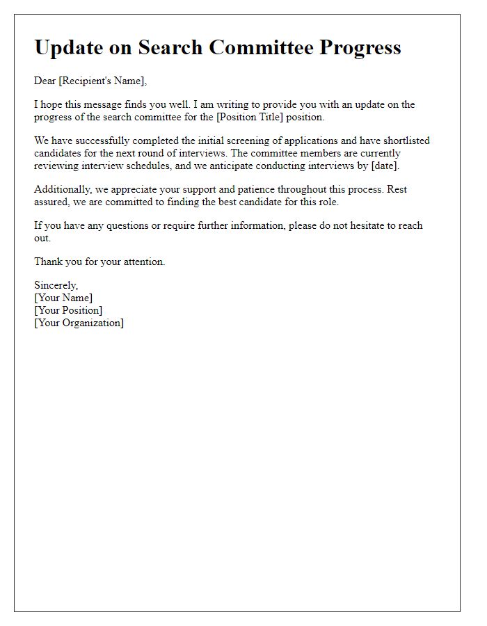 Letter template of update on search committee progress