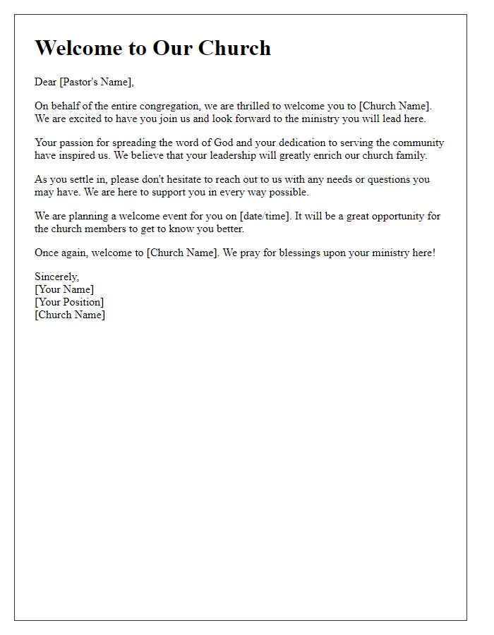 Letter template of welcome message for new pastor