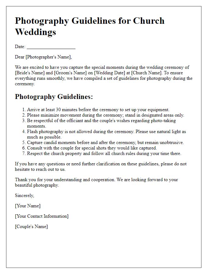 Letter template of photography guidelines for church weddings