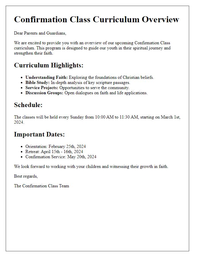 Letter template of confirmation class curriculum overview.