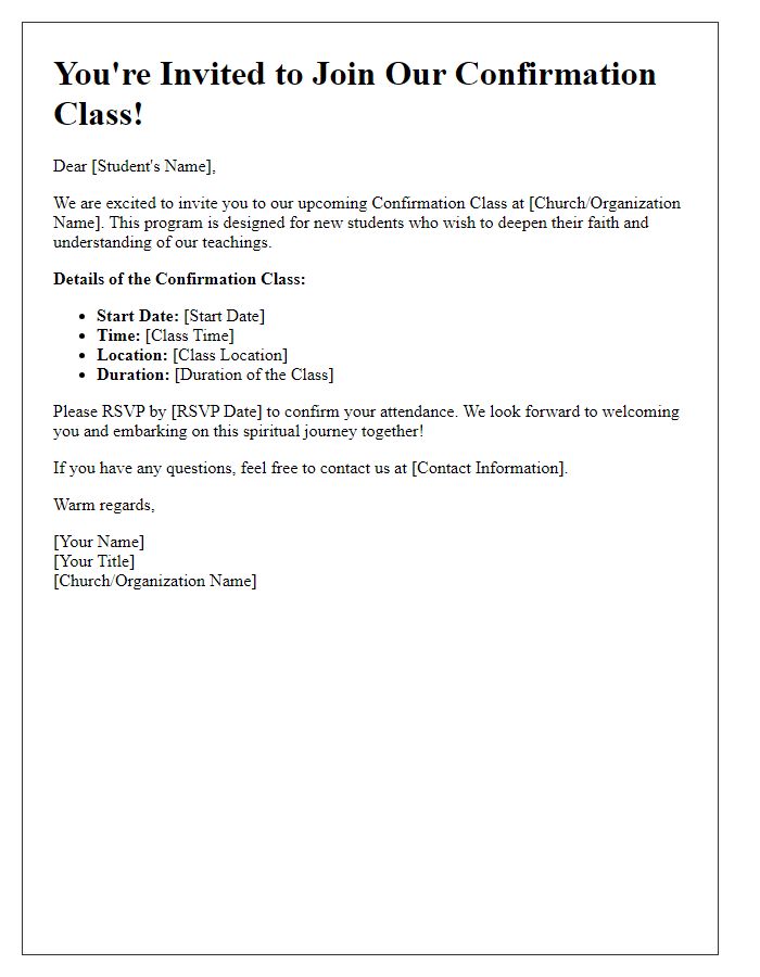 Letter template of confirmation class invitation for new students.