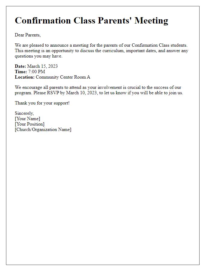 Letter template of confirmation class parents' meeting announcement.