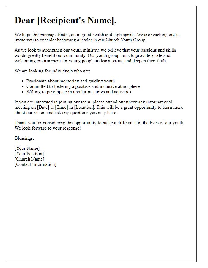 Letter template of recruitment for church youth group leaders