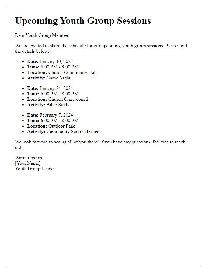 Letter template of schedule for upcoming church youth group sessions