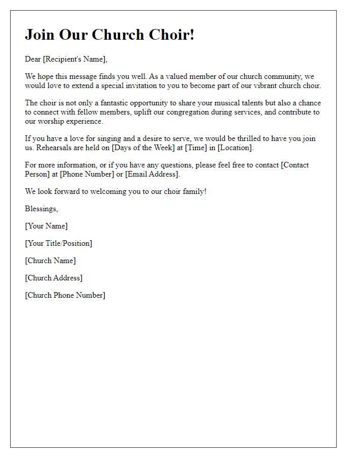 Letter template of outreach for church choir volunteers