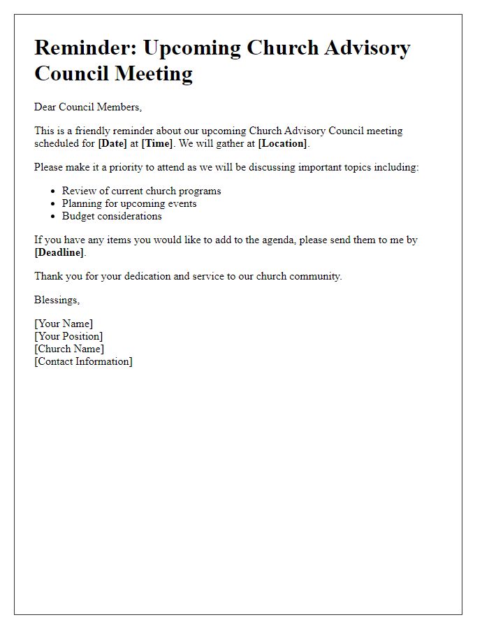 Letter template of church advisory council reminder