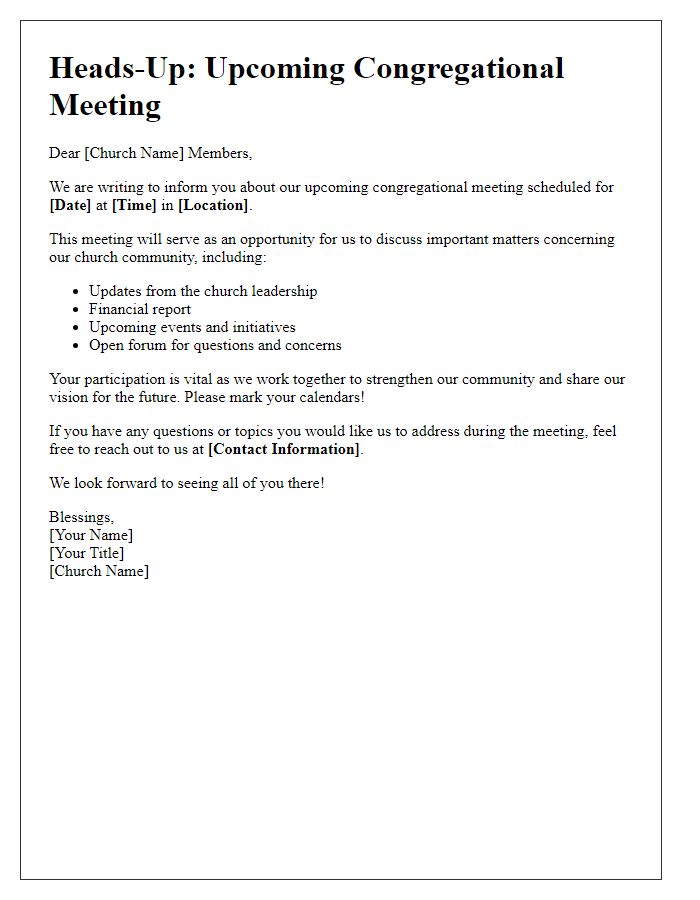 Letter template of church congregational meeting heads-up