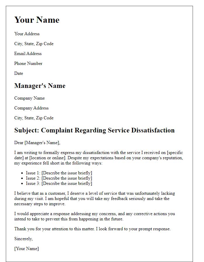 Letter template of a complaint regarding service dissatisfaction.