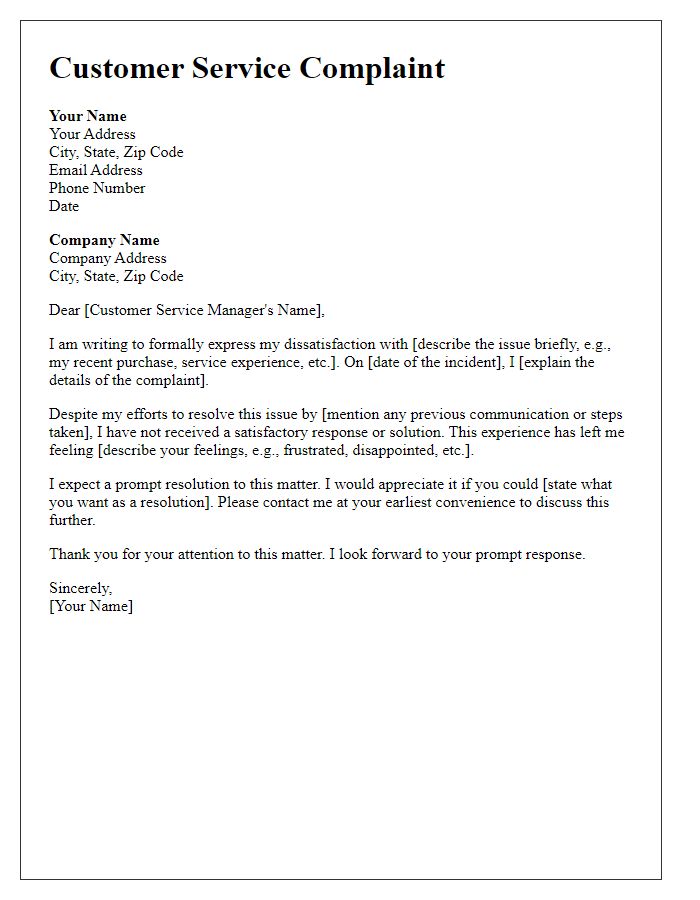 Letter template of a formal customer service complaint.