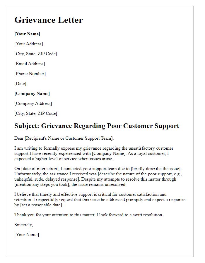 Letter template of a grievance about poor customer support.