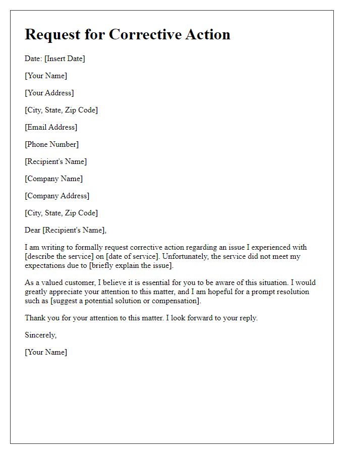 Letter template of a request for corrective action in service.