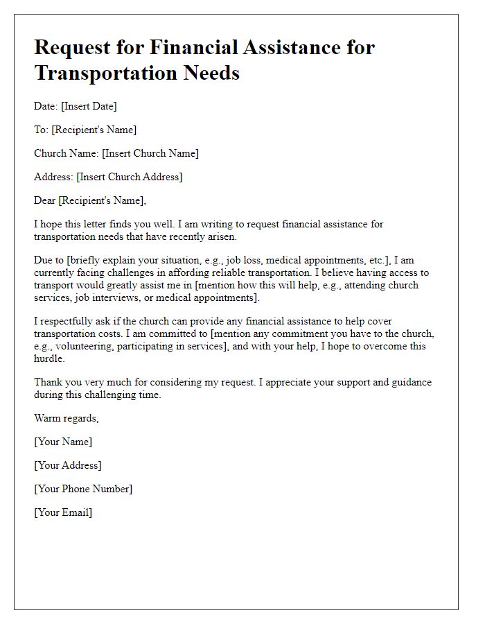 Letter template of correspondence for church financial assistance for transportation needs.