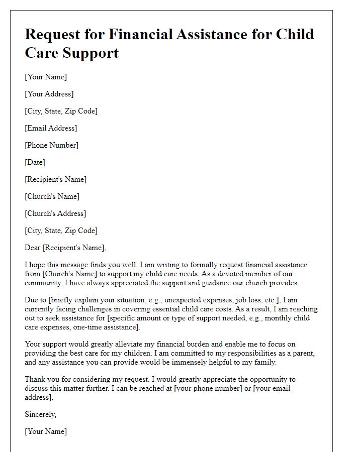 Letter template of demand for church financial assistance for child care support.