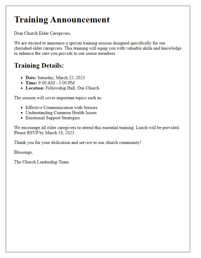 Letter template of training announcement for church elder caregivers