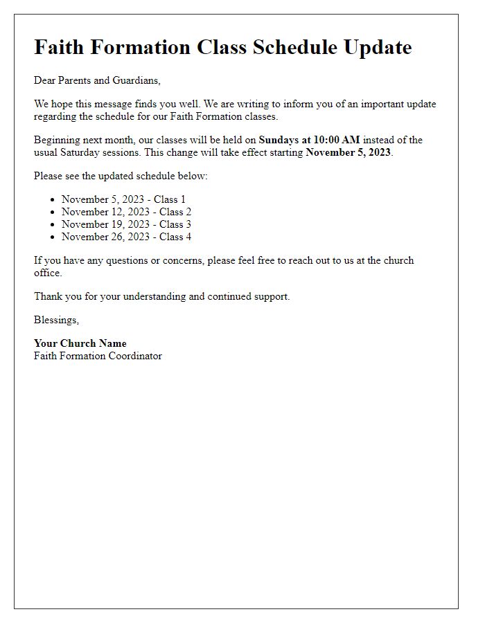 Letter template of schedule update for church faith formation class