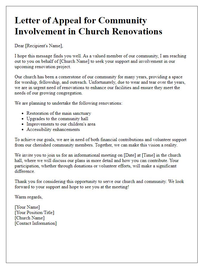 Letter template of appeal for community involvement in church renovations