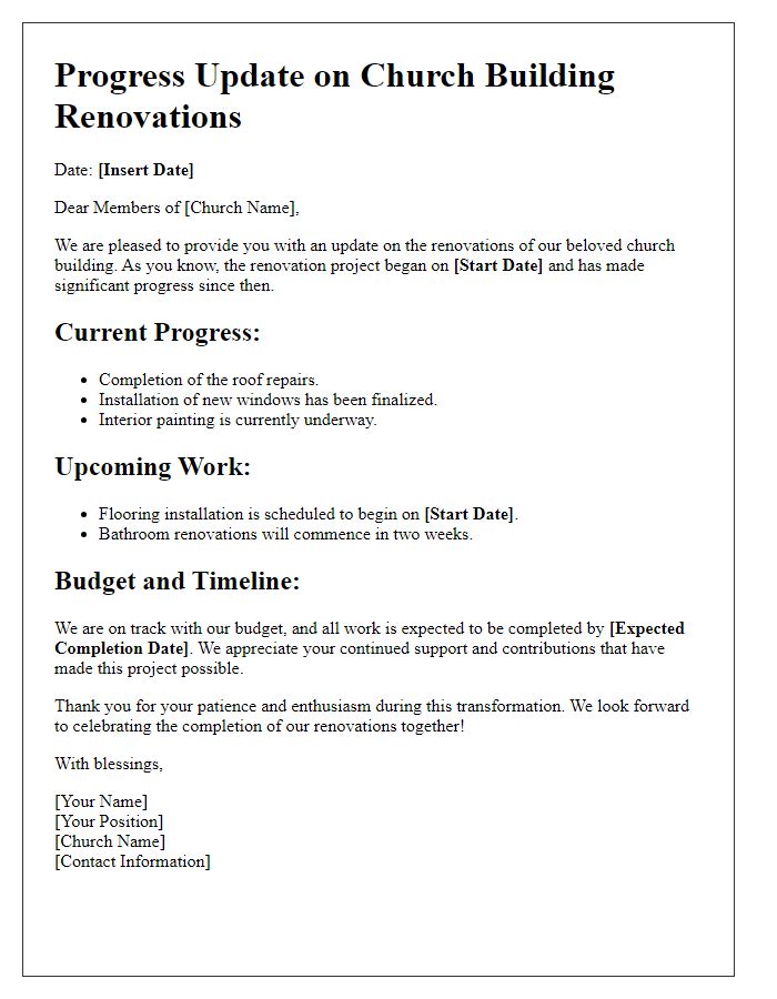 Letter template of progress update on church building renovations