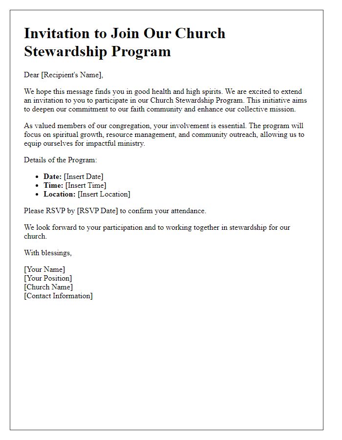 Letter template of invitation to join church stewardship program