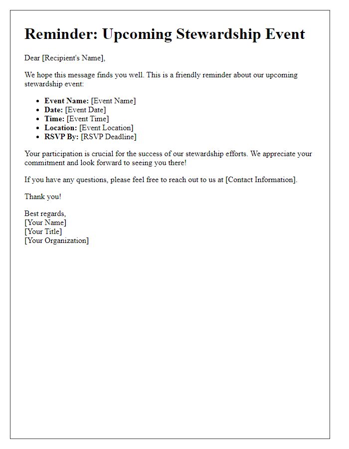 Letter template of reminders for upcoming stewardship events