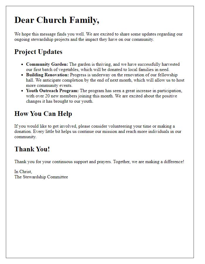 Letter template of updates on church stewardship projects