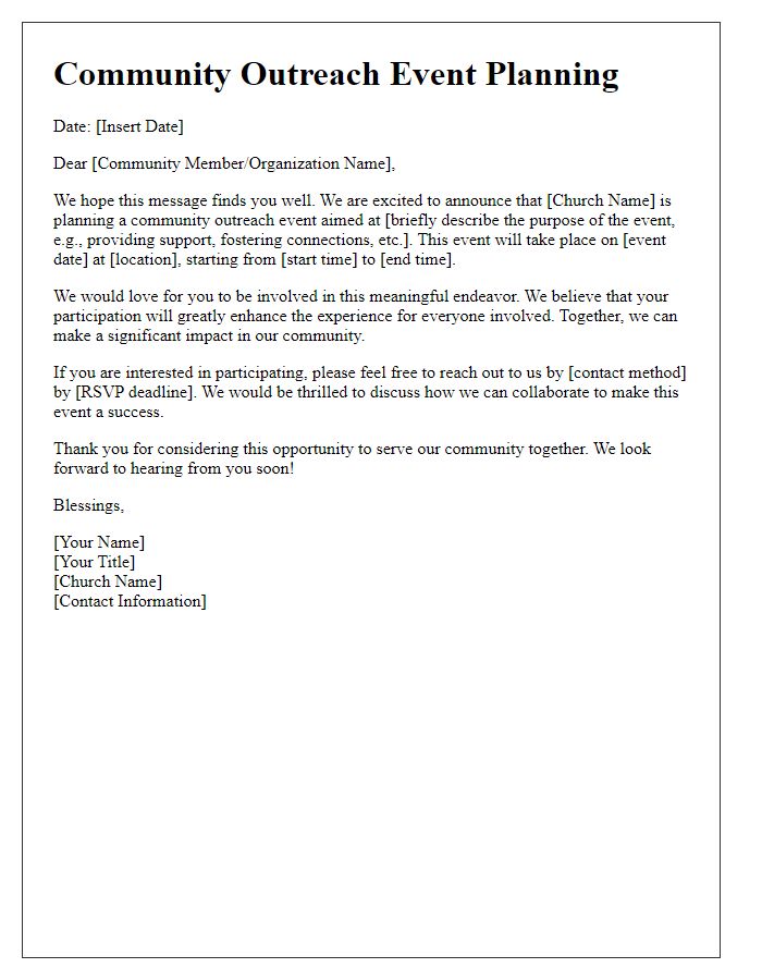 Letter template of community outreach event planning for the church